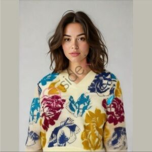 Missoni Floral Cotton Blend V Neck Jacquard Knit Sweater 80s